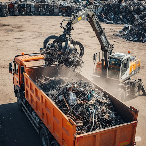 Vanametalli laadimine hüdraulilise laaduriga kallurautosse